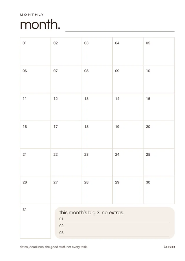 BUSEE Personal Wide month page